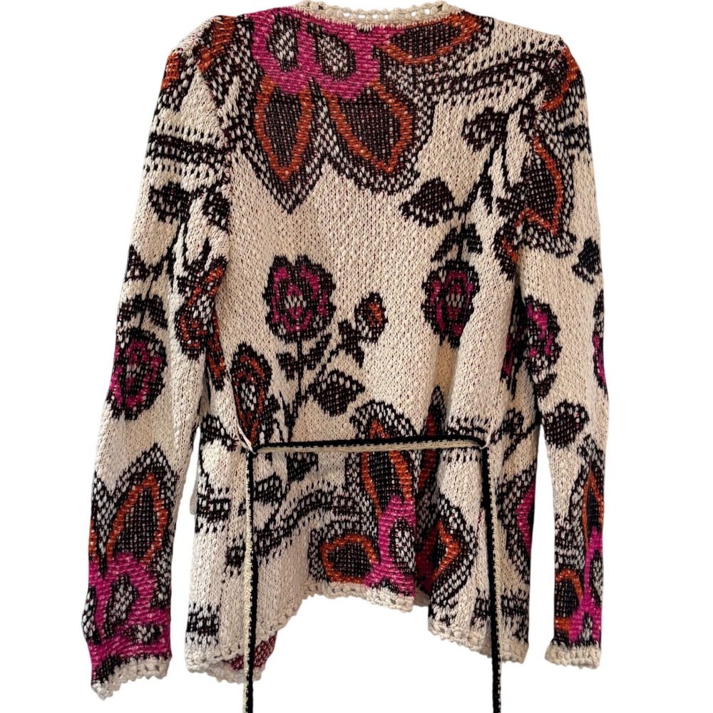 Umgee Womens Floral Paisley Knit Cardigan Sweater Pink Orange Pom Pom boho small - Picture 2 of 11